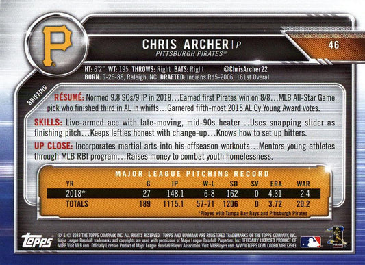 2019 Bowman Chris Archer #46 Pittsburgh Pirates