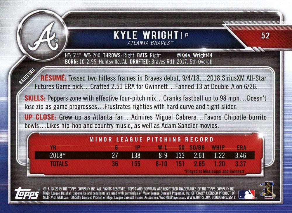 2019 Bowman Kyle Wright RC #52 Atlanta Braves