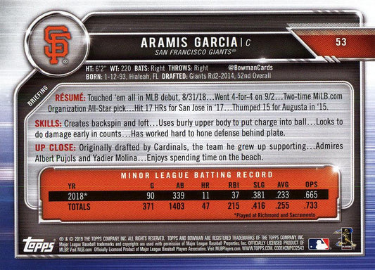 2019 Bowman Aramis Garcia RC #53 San Francisco Giants