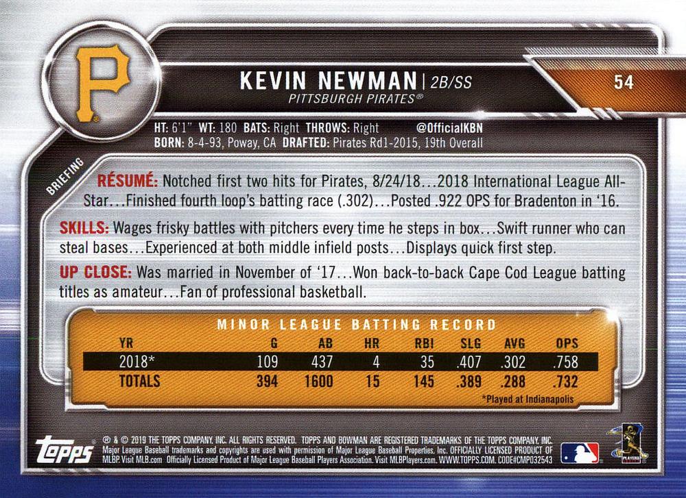 2019 Bowman Kevin Newman RC #54 Pittsburgh Pirates