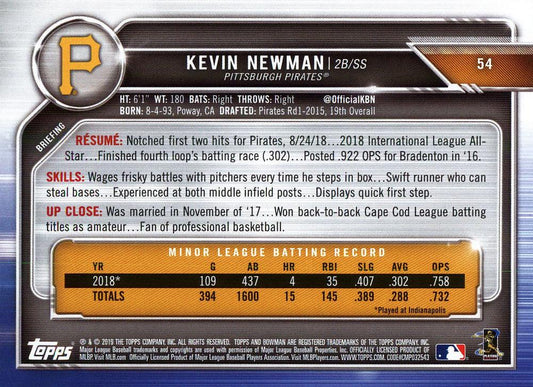 2019 Bowman Kevin Newman RC #54 Pittsburgh Pirates