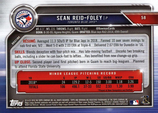 2019 Bowman Sean Reid-Foley RC #58 Toronto Blue Jays