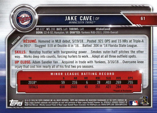 2019 Bowman Jake Cave RC #61 Minnesota Twins
