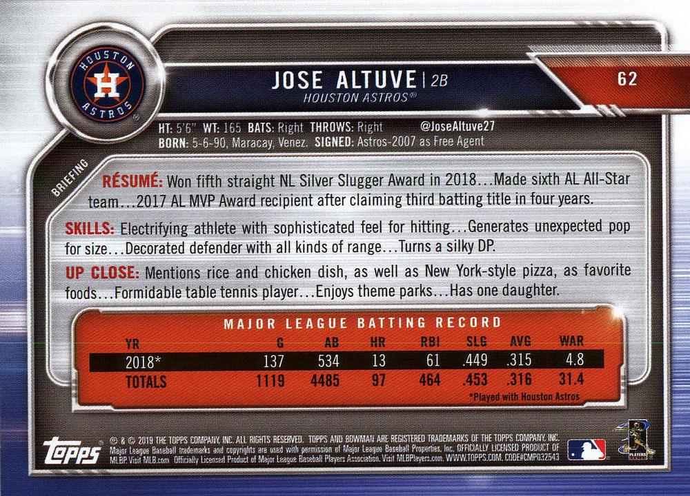 2019 Bowman Jose Altuve #62 Ho#USton Astros