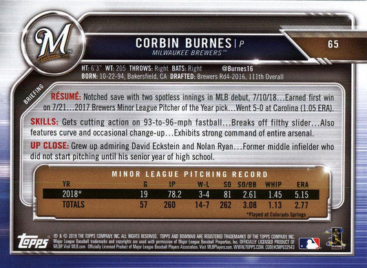 2019 Bowman Corbin Burnes RC #65 Milwaukee Brewers