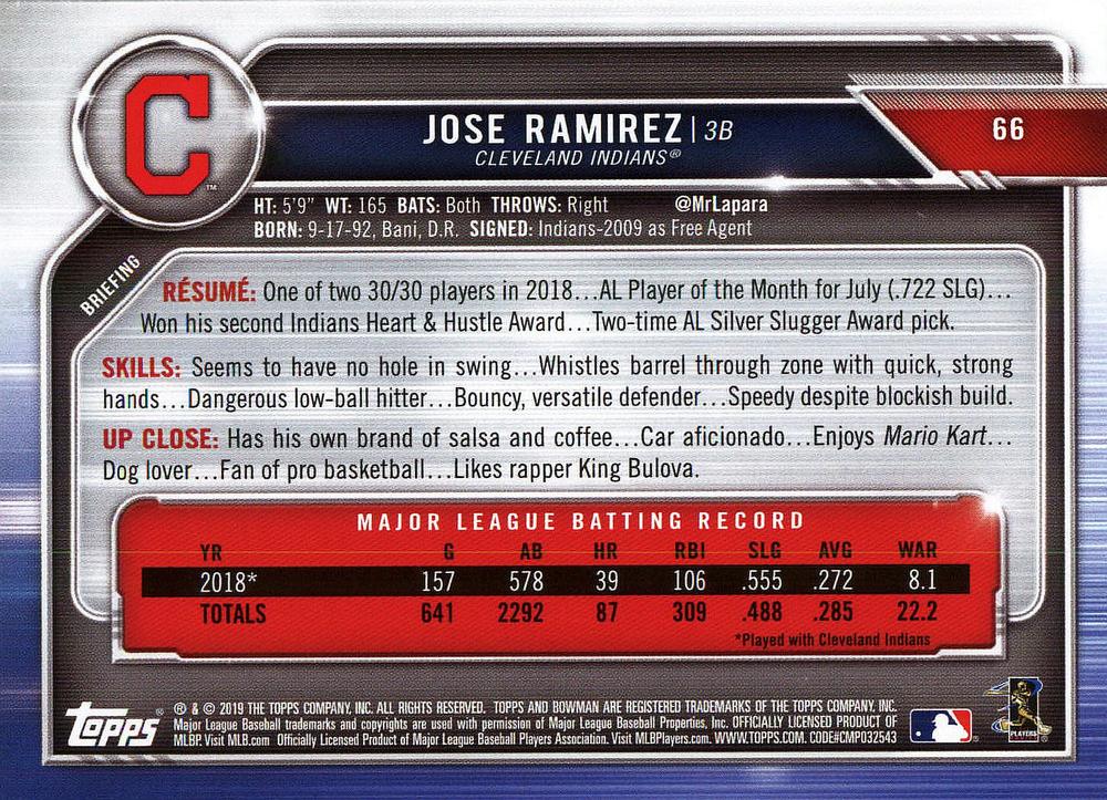 2019 Bowman Jose Ramirez #66 Cleveland Indians