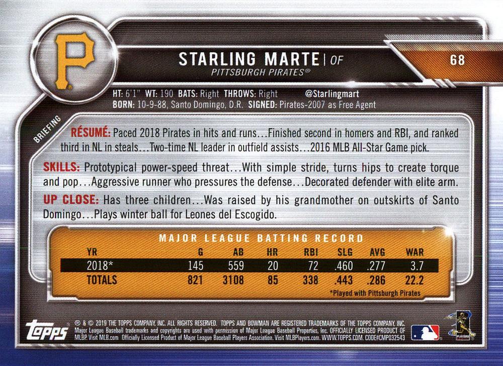 2019 Bowman Starling Marte #68 Pittsburgh Pirates
