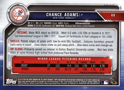 2019 Bowman Chance Adams RC #69 New York Yankees