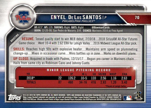 2019 Bowman Enyel De Los Santos RC #70 Philadelphia Phillies