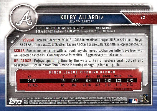 2019 Bowman Kolby Allard RC #72 Atlanta Braves