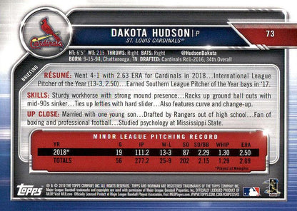2019 Bowman Dakota Hudson RC #73 St. Louis Cardinals