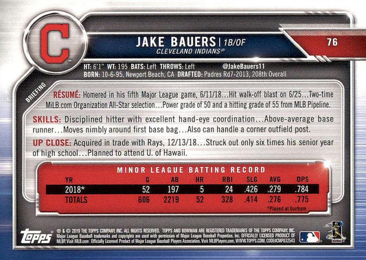 2019 Bowman Jake Bauers RC #76 Cleveland Indians
