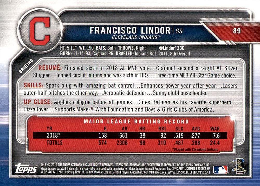 2019 Bowman Francisco Lindor #89 Cleveland Indians