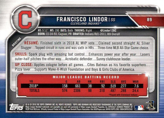 2019 Bowman Francisco Lindor #89 Cleveland Indians