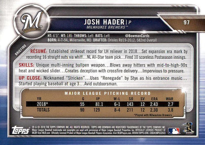 2019 Bowman Josh Hader #97 Milwaukee Brewers