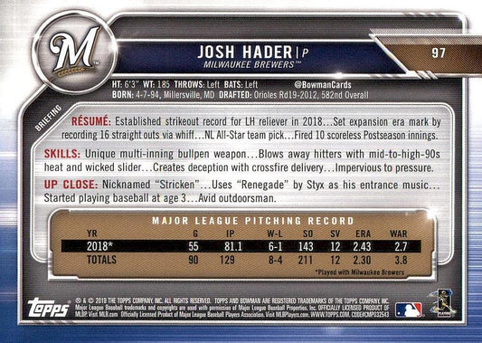 2019 Bowman Josh Hader #97 Milwaukee Brewers