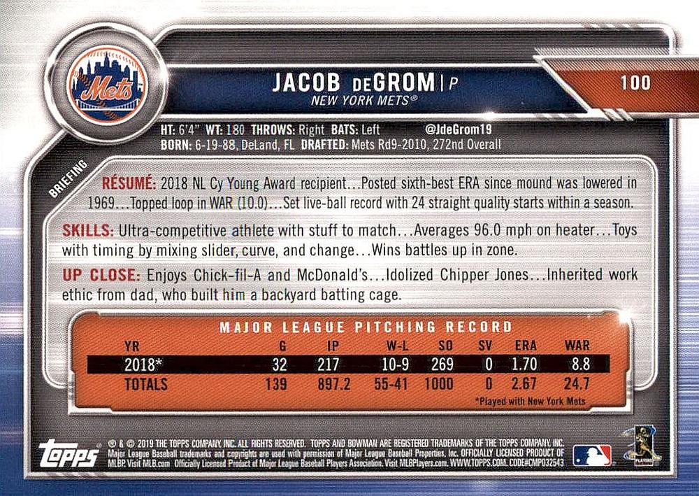 2019 Bowman Jacob deGrom #100 New York Mets