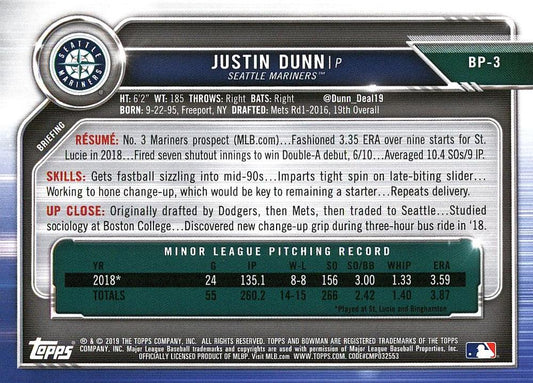 2019 Bowman Prospects J#UStin Dunn #BP-3 Seattle Mariners