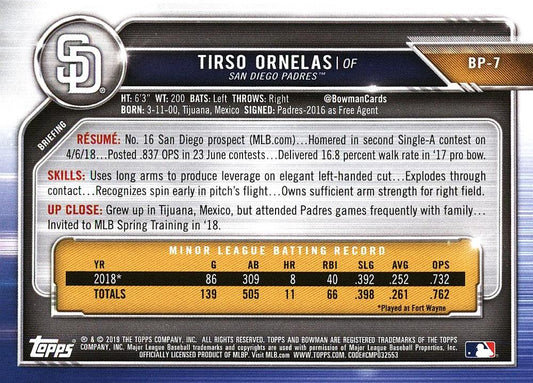 2019 Bowman Prospects Tirso Ornelas #BP-7 San Diego Padres