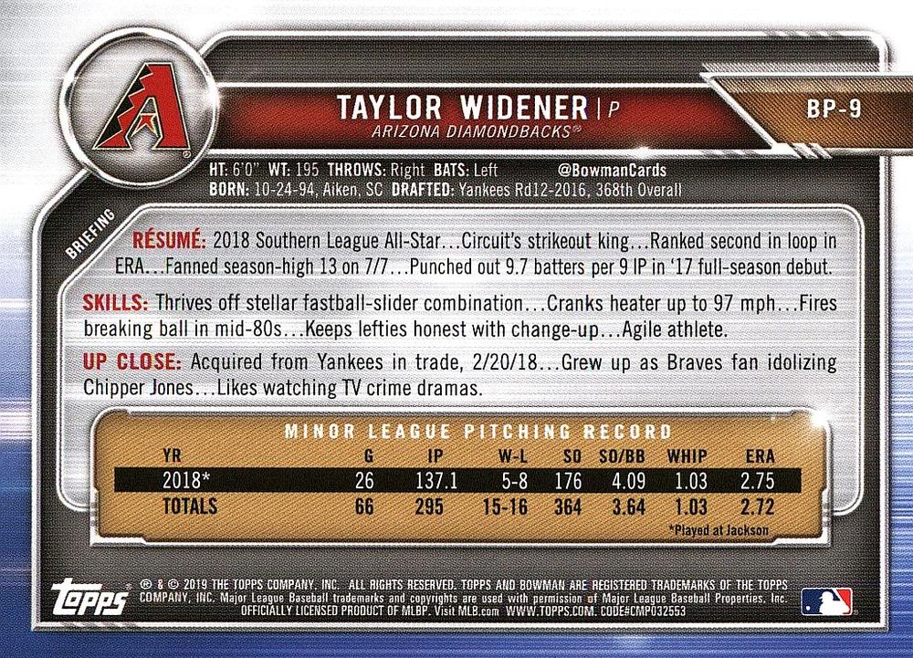 2019 Bowman Prospects Taylor Widener #BP-9 Arizona Diamondbacks