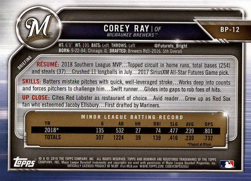 2019 Bowman Prospects Corey Ray #BP-12 Milwaukee Brewers