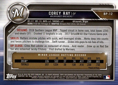 2019 Bowman Prospects Corey Ray #BP-12 Milwaukee Brewers