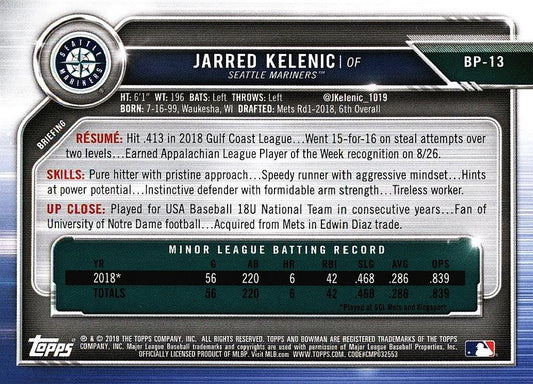 2019 Bowman Prospects Jarred Kelenic #BP-13 Seattle Mariners