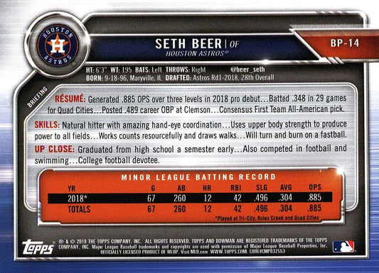 2019 Bowman Prospects Seth Beer #BP-14 Houston Astros