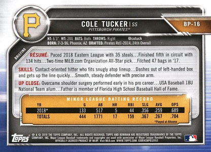 2019 Bowman Prospects Cole Tucker #BP-16 Pittsburgh Pirates