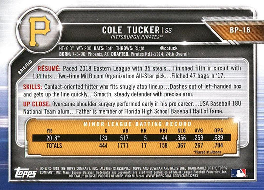 2019 Bowman Prospects Cole Tucker #BP-16 Pittsburgh Pirates