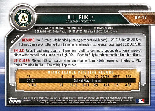 2019 Bowman Prospects A.J. Puk #BP-17 Oakland Athletics