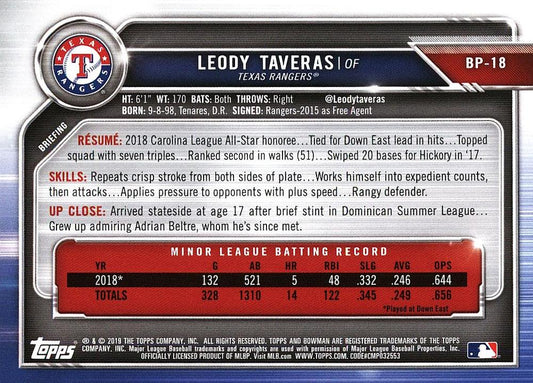 2019 Bowman Prospects Leody Taveras #BP-18 Texas Rangers