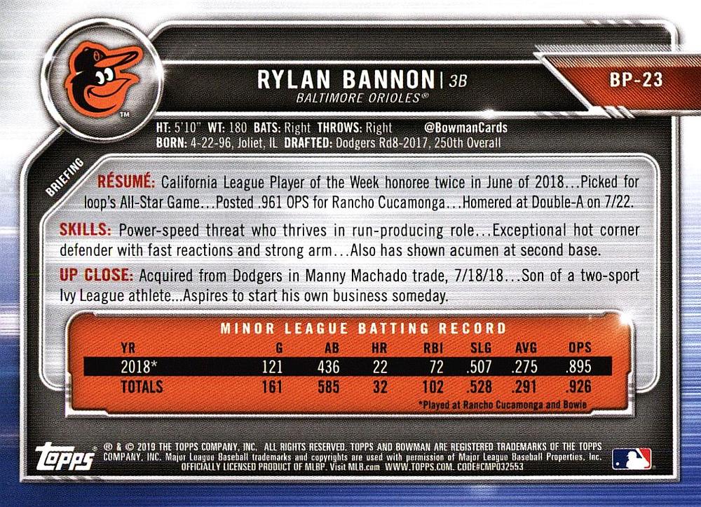 2019 Bowman Prospects Rylan Bannon #BP-23 Baltimore Orioles