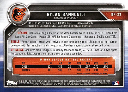 2019 Bowman Prospects Rylan Bannon #BP-23 Baltimore Orioles