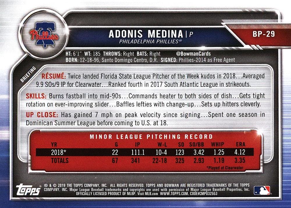 2019 Bowman Prospects Adonis Medina #BP-29 Philadelphia Phillies