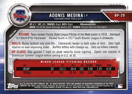 2019 Bowman Prospects Adonis Medina #BP-29 Philadelphia Phillies