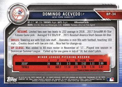 2019 Bowman Prospects Domingo Acevedo #BP-34 New York Yankees