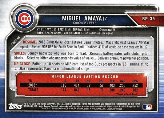 2019 Bowman Prospects Miguel Amaya #BP-35 Chicago Cubs