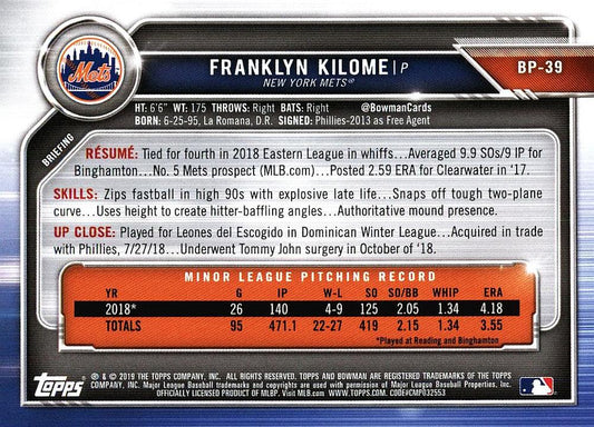 2019 Bowman Prospects Franklyn Kilome #BP-39 New York Mets