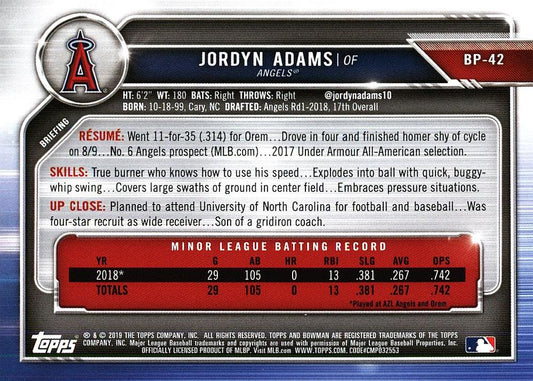 2019 Bowman Prospects Jordyn Adams #BP-42 Angels