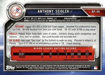 2019 Bowman Prospects Anthony Seigler #BP-46 New York Yankees