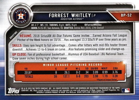 2019 Bowman Prospects Forrest Whitley #BP-52 Ho#USton Astros