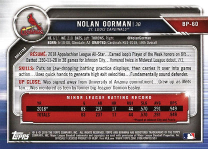 2019 Bowman Prospects Nolan Gorman #BP-60 St. Louis Cardinals
