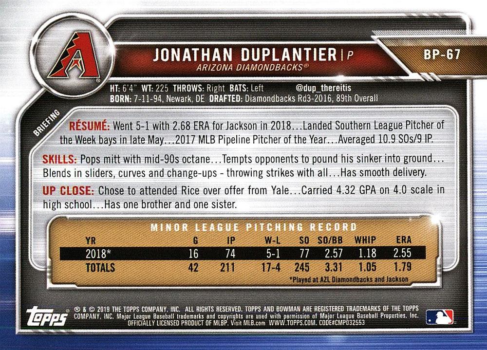 2019 Bowman Prospects Jonathan Duplantier #BP-67 Arizona Diamondbacks