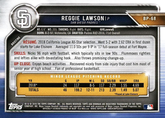 2019 Bowman Prospects Reggie Lawson #BP-68 San Diego Padres