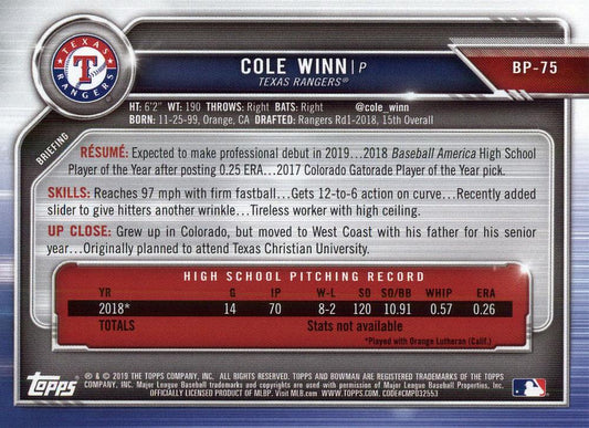2019 Bowman Prospects Cole Winn #BP-75 Texas Rangers