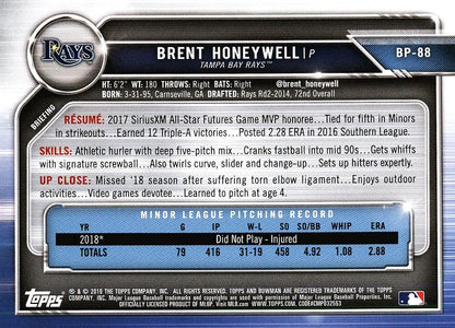 2019 Bowman Prospects Brent Honeywell #BP-88 Tampa Bay Rays