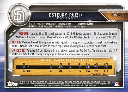 2019 Bowman Prospects Esteury Ruiz #BP-89 San Diego Padres
