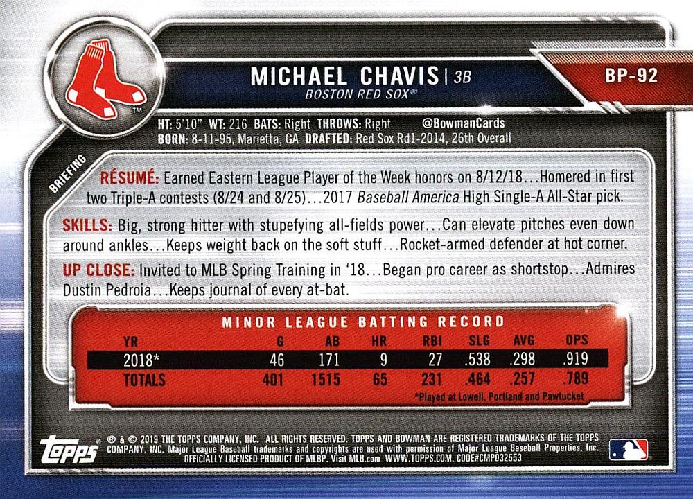 2019 Bowman Prospects Michael Chavis #BP-92 Boston Red Sox