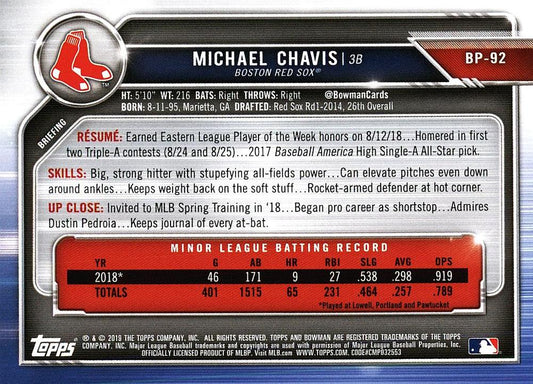 2019 Bowman Prospects Michael Chavis #BP-92 Boston Red Sox